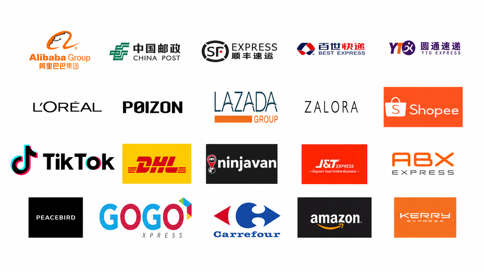 Partner logos: Alibaba Group, China Post, SF Express, Best Express, YTO Express, L’Oréal, Poizon, Lazada Group, Zalora, Shopee, TikTok, DHL, Ninja Van, J&T Express, ABX Express, Peacebird, GoGo Xpress, Carrefour, Amazon and Kerry Express