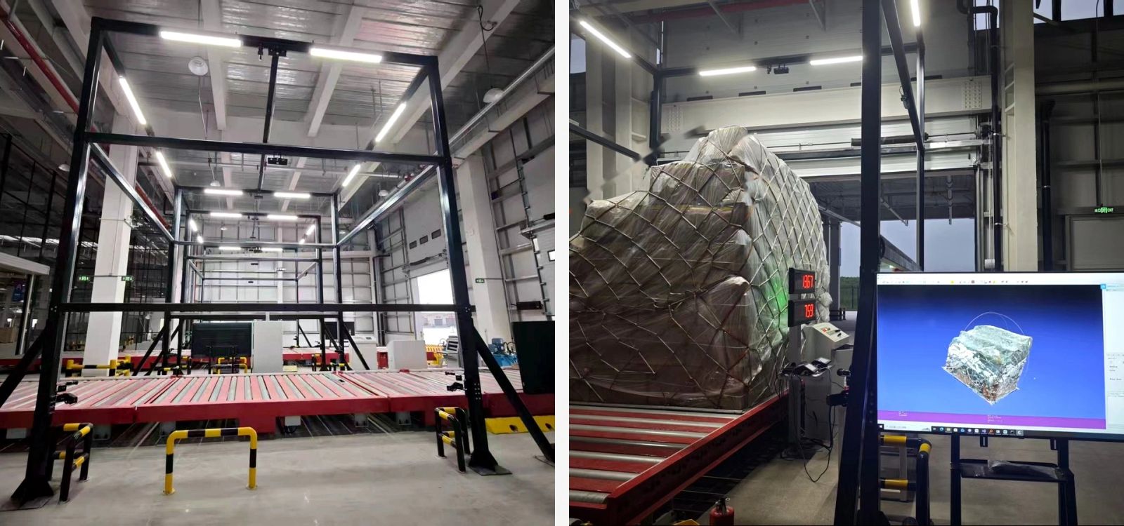 NetRay industrial freight DWS measuring oversized pallet cargo on a roller conveyor