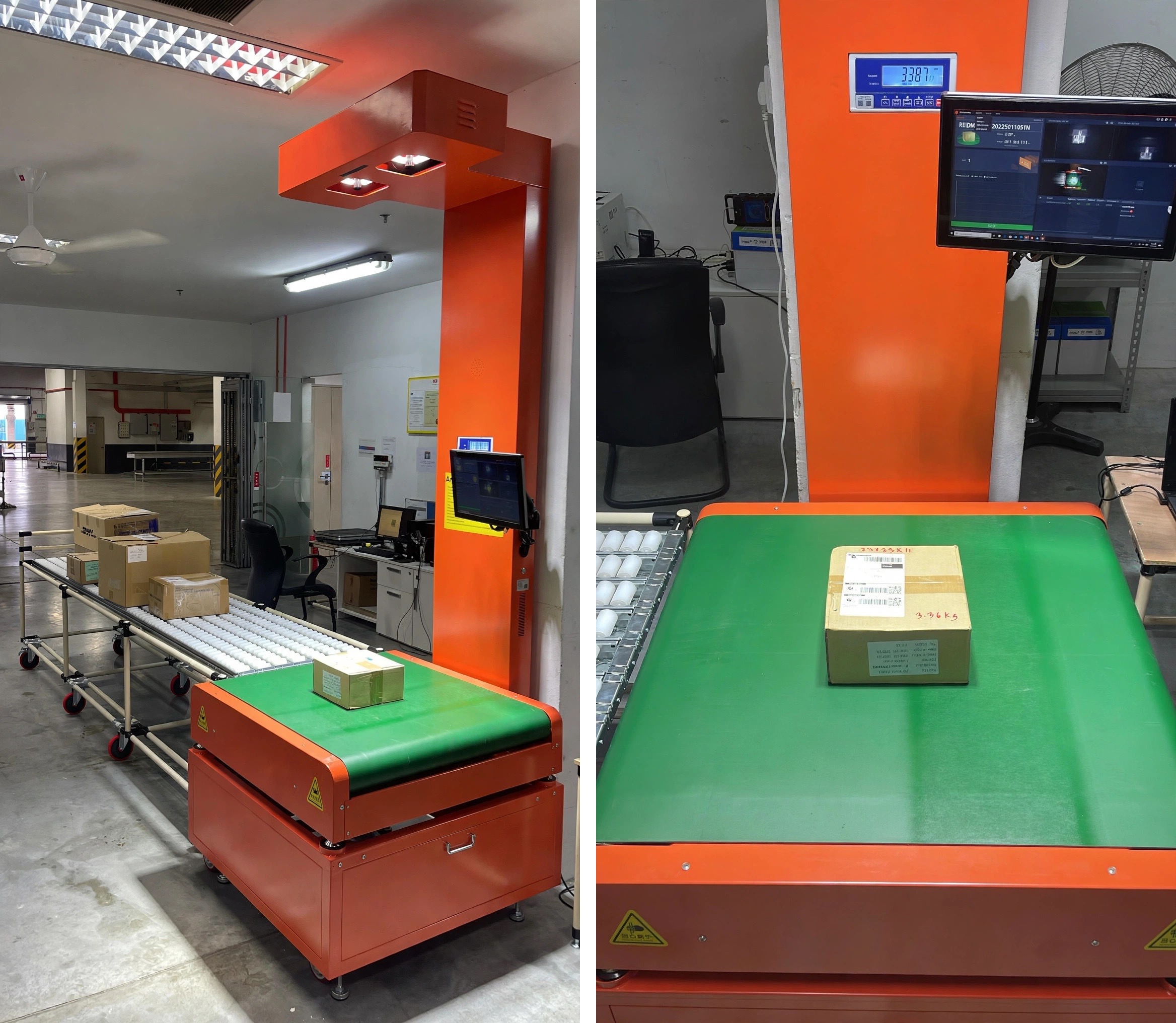 Two views of a NetRay PV80 DWS station, showing roller conveyors, a parcel on the green belt and an operator display.