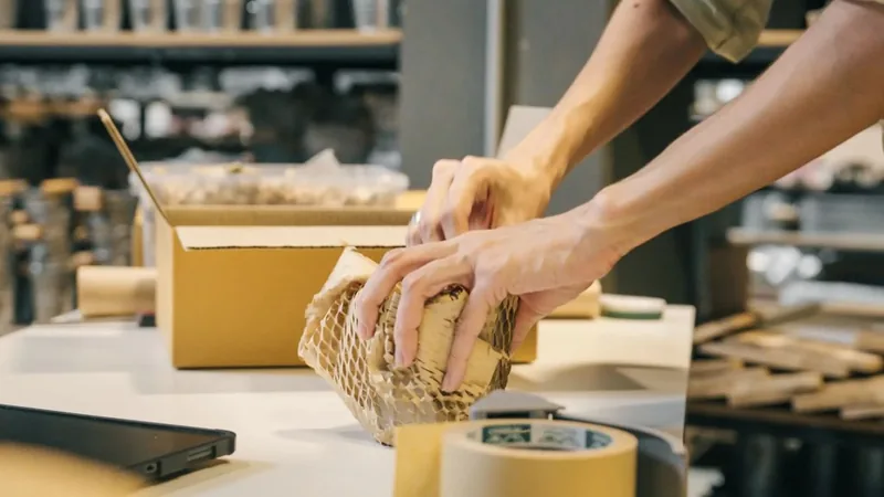 Hands wrapping an item in honeycomb paper beside an open shipping carton at a packing bench.